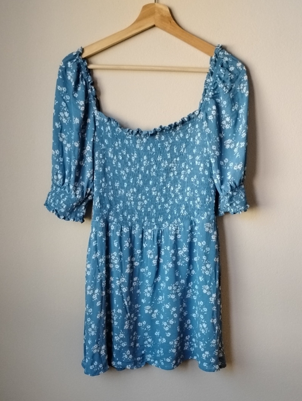 Reformation Size 8 Blue Floral Smocked Square-Neck Mini Dress